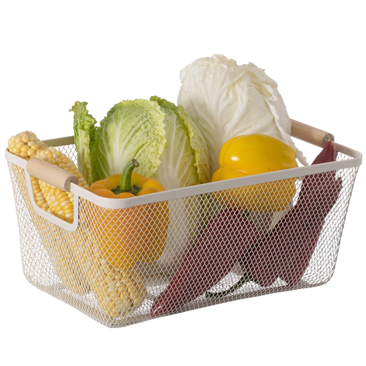 Basicwise Multipurpose Metal Mesh Basket with Wooden Handle Storage Organizers for Kitchen Bathroom Cabinet Closet Countertop Fruit Holder Picnic Food & Beverages Carrier & Home Decor